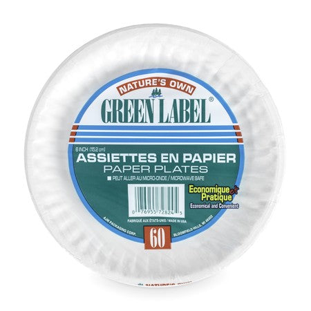 GREEN LABEL 6" PAPER PLATES 60/PACK X 20/CS