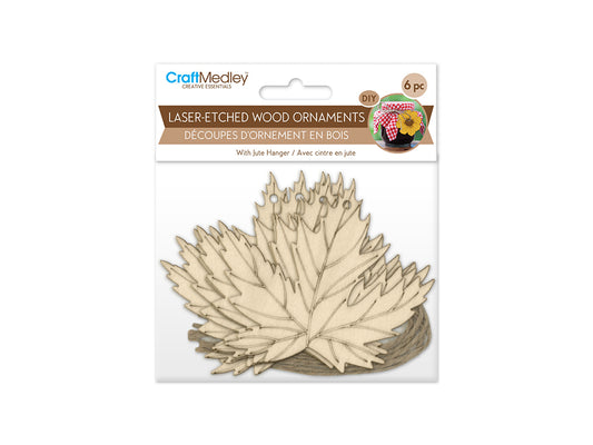 Wood Craft: 3.5" Laser-Etched Wood Shapes 6pc w/Jute C) Maple Leaf
