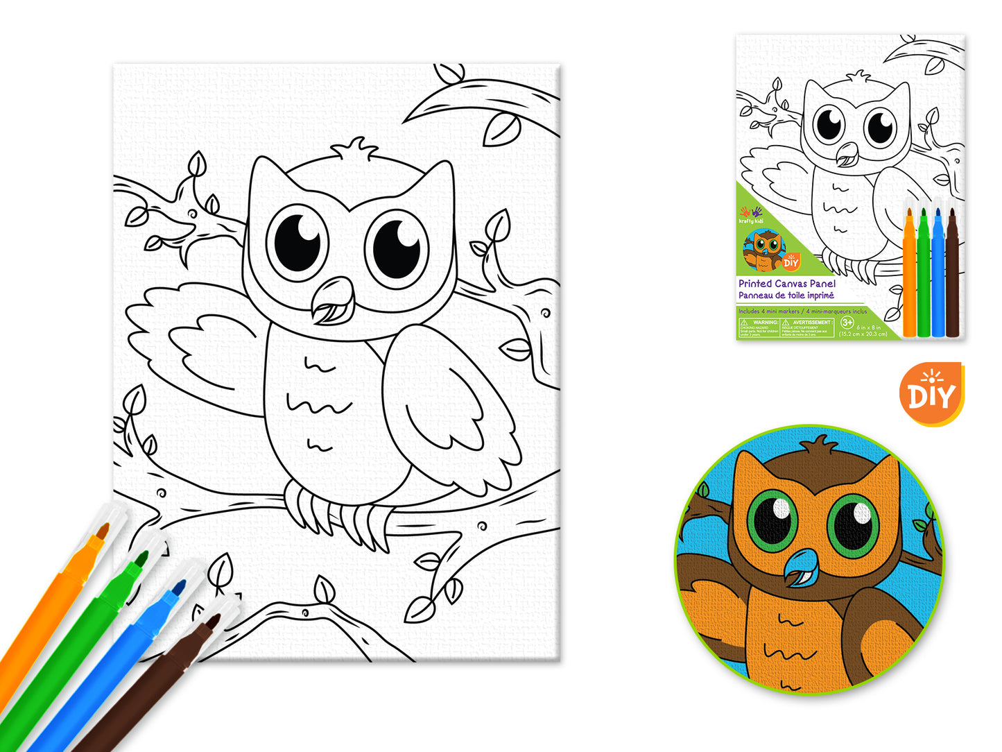 Krafty Kids Kit: 6"x8" DIY Canvas Panel w/4 Mini Markers H) Owl