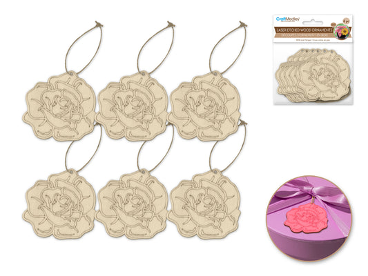 Wood Craft: 3.5" Laser-Etched Wood Shapes 6pc w/Jute D) Open Rose