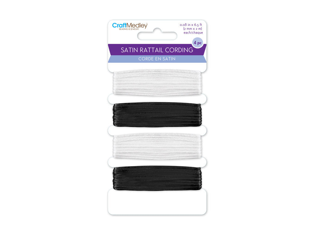 Jewelry/Craft Cording: 2mm Satin Rattail Cording 8m Asst x4 A) Black & White
