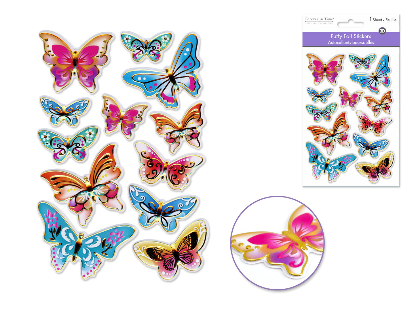 Paper Craft Stickers: 4.3"x6.1" Foil Puffy H) Fancy Butterflies