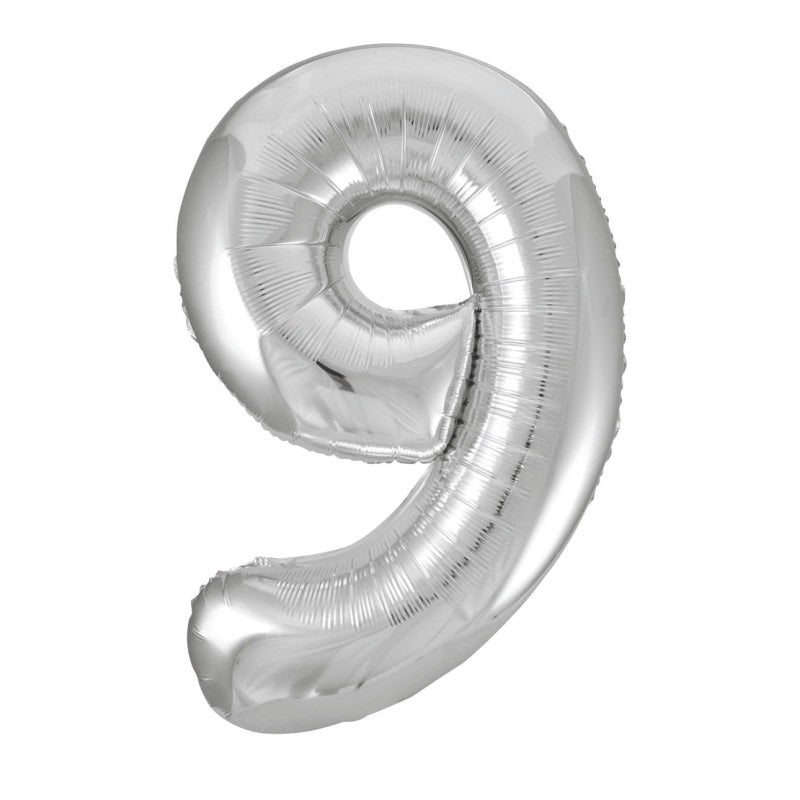 Silver Number 9 Shaped Foil Balloon 34"  Packaged
