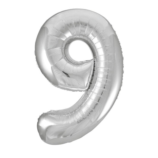 Silver Number 9 Shaped Foil Balloon 34"  Packaged