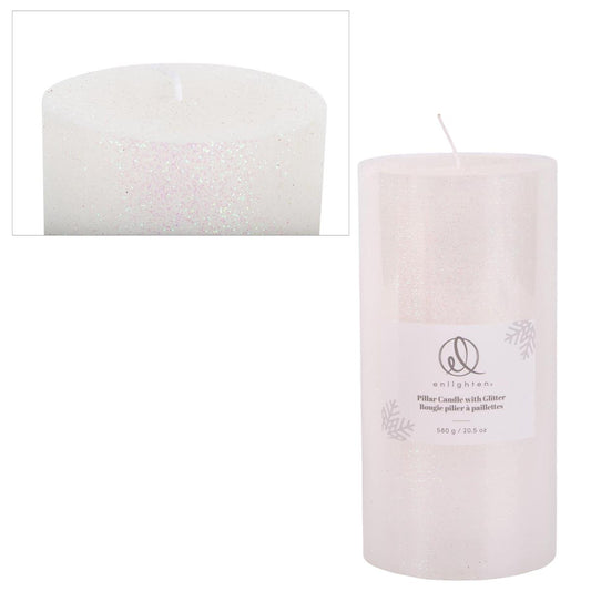 Enlighten 2.95"x5.95" Metallic Wht. Pillar Candle w/Glitter, label