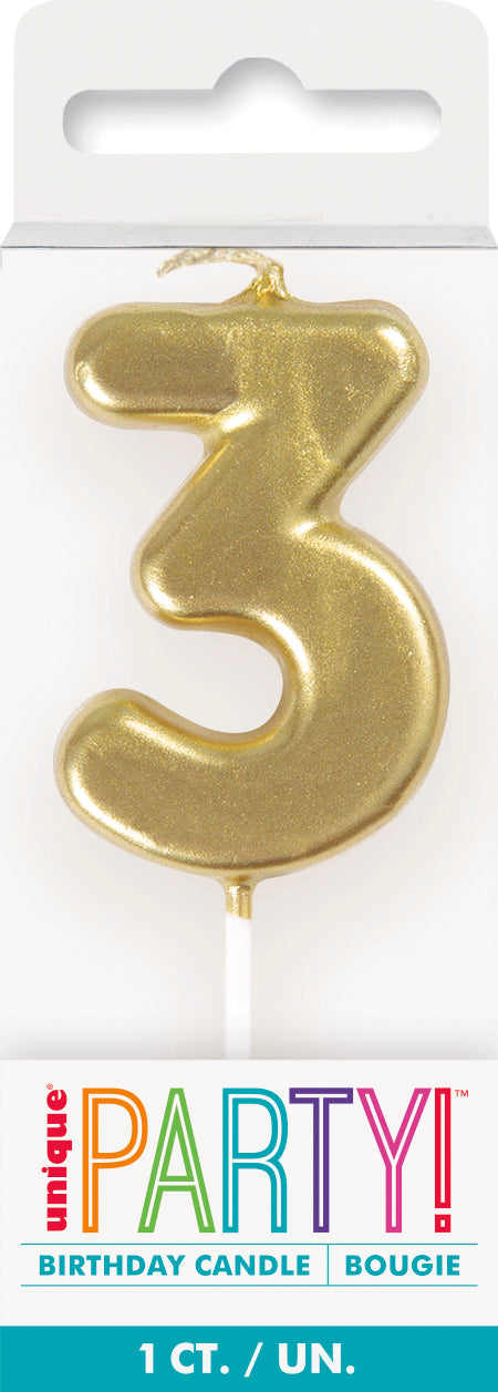 Metallic Gold Number 3 Birthday Candle – Cake Topper Pick