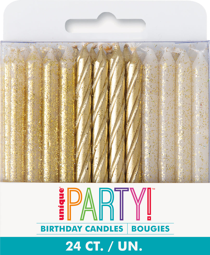 Gold Spiral Glitter Birthday Cake Candles 24ct Party Pack