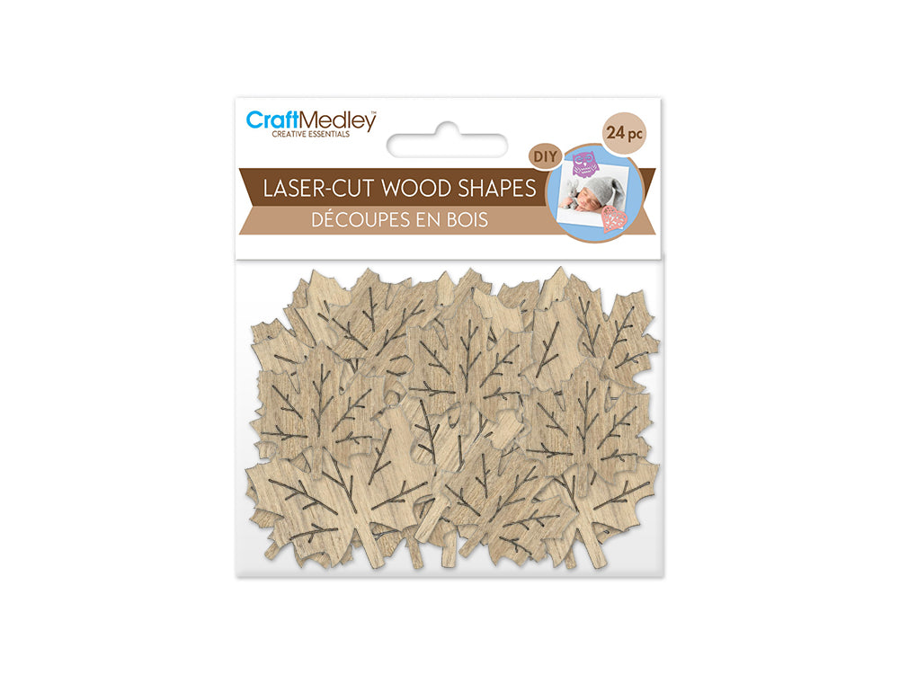 Wood Craft: 3cm+4cm Laser-Cut Ornate Wood Shapes 24pc C) Maple Leaf