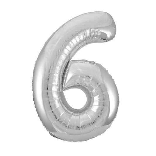Silver Number 6 Shaped Foil Balloon 34"  Packaged