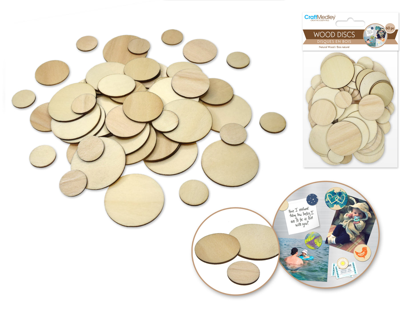 Craftwood: Wood Bits 60pc 1.7mm(T) Asst 3stl 4*4/3*3/2*2cm A) Discs