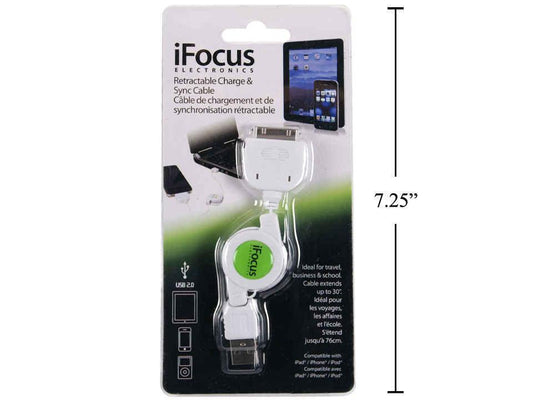 iFocus,2.5FT Retractable Charge & Sync Cable, for iPhone/iPad/iPod,sb