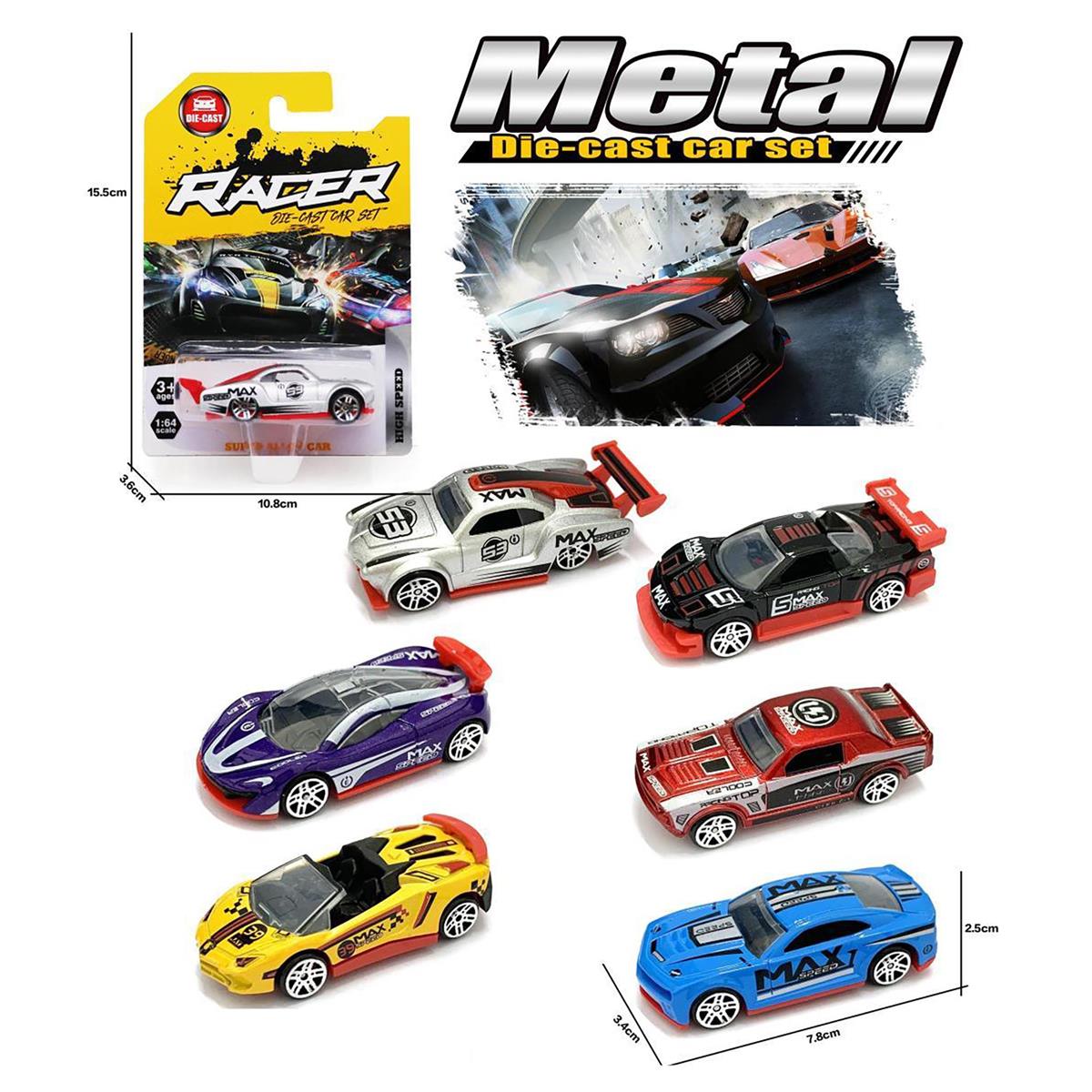 1:64 Diecast Sport Car, Free wheel , 6 Asst., b/c