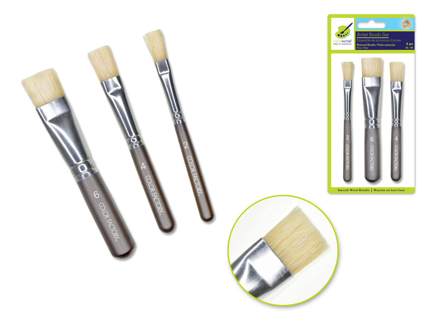 Artist Brush Set: 'Stubbies' Smooth Handle Bristle x3 Wood Handle B) Flat #2/4/6