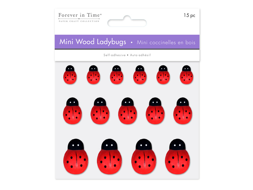 Paper Craft Emb: 1/2"-1" Mini Wood Ladybugs x15 Peel-n-Stick Painted