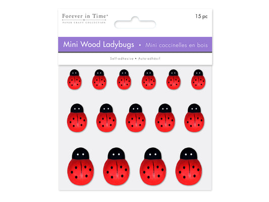 Paper Craft Emb: 1/2"-1" Mini Wood Ladybugs x15 Peel-n-Stick Painted