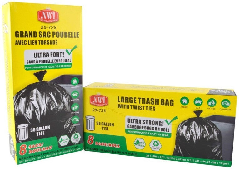 8pk - 30Gallon Large Transh Bag w. Twist Ties - Bk