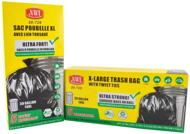5pk - 39Gallon Xlarge Trash Bag w. Twist Ties - Bk