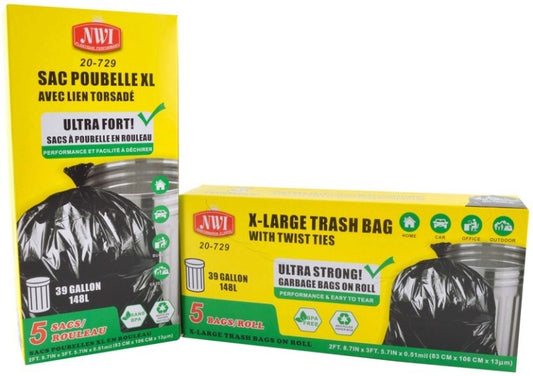 5pk - 39Gallon Xlarge Trash Bag w. Twist Ties - Bk