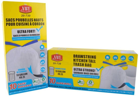 10pk - 13Gallon Drawstring Kitchen Tall Trash Bag - Wh