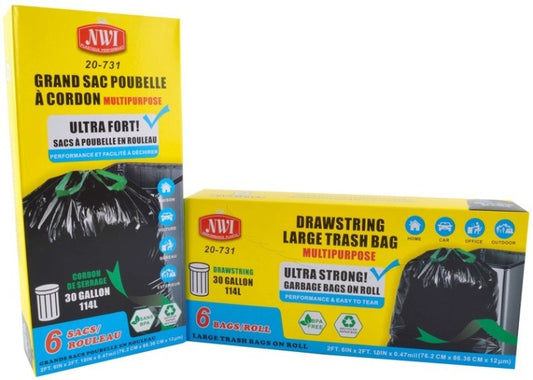 6pk - 30Gallon Drawstring Large Trash Bag - Bk