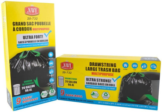 9pk - 26Gallon Drawstring Large Trash Bag - Bk