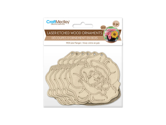 Wood Craft: 3.5" Laser-Etched Wood Shapes 6pc w/Jute D) Open Rose