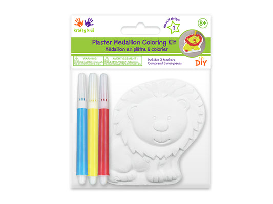 Krafty Kids Kit: 2.75" DIY Plaster Medallion Coloring Kit w/3 Markers C) Lion