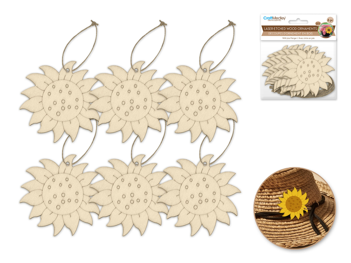 Wood Craft: 3.5" Laser-Etched Wood Shapes 6pc w/Jute E) Sunflower