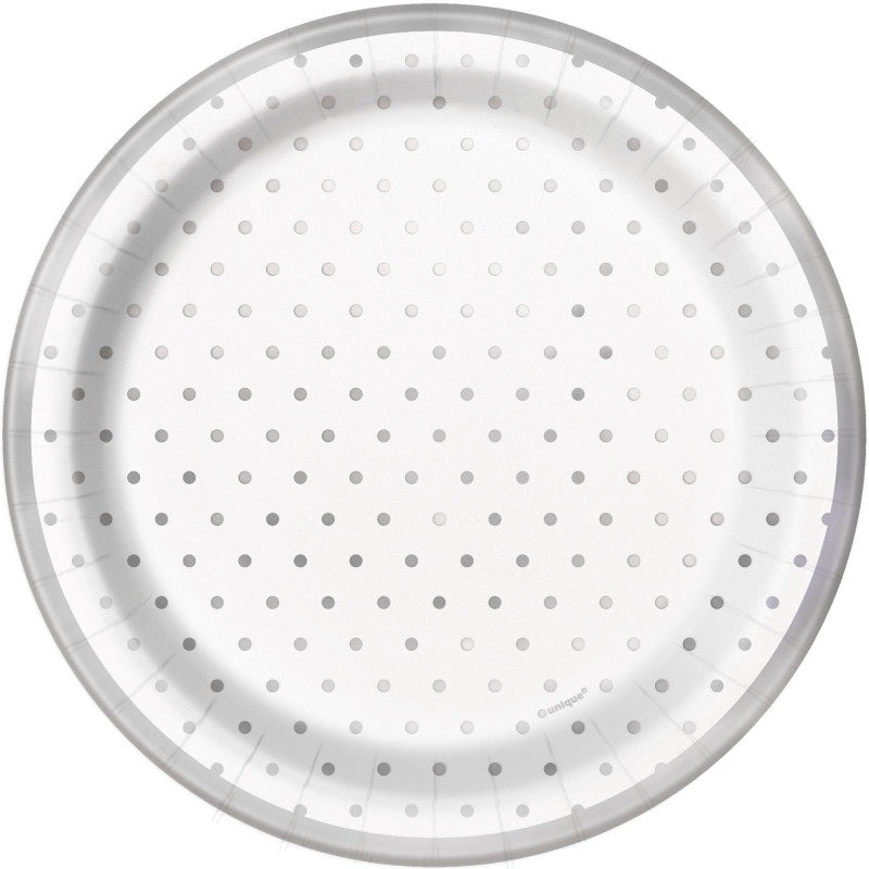Elegant Silver Foil Dots Round 7" Dessert Plates  8ct - Foil Stamping