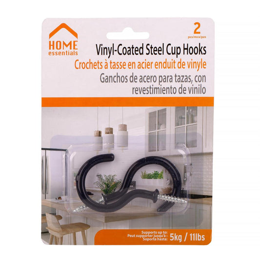 H.E. 2-Pc 2"  Coated Steel Cup Hook , Black, Blister Card