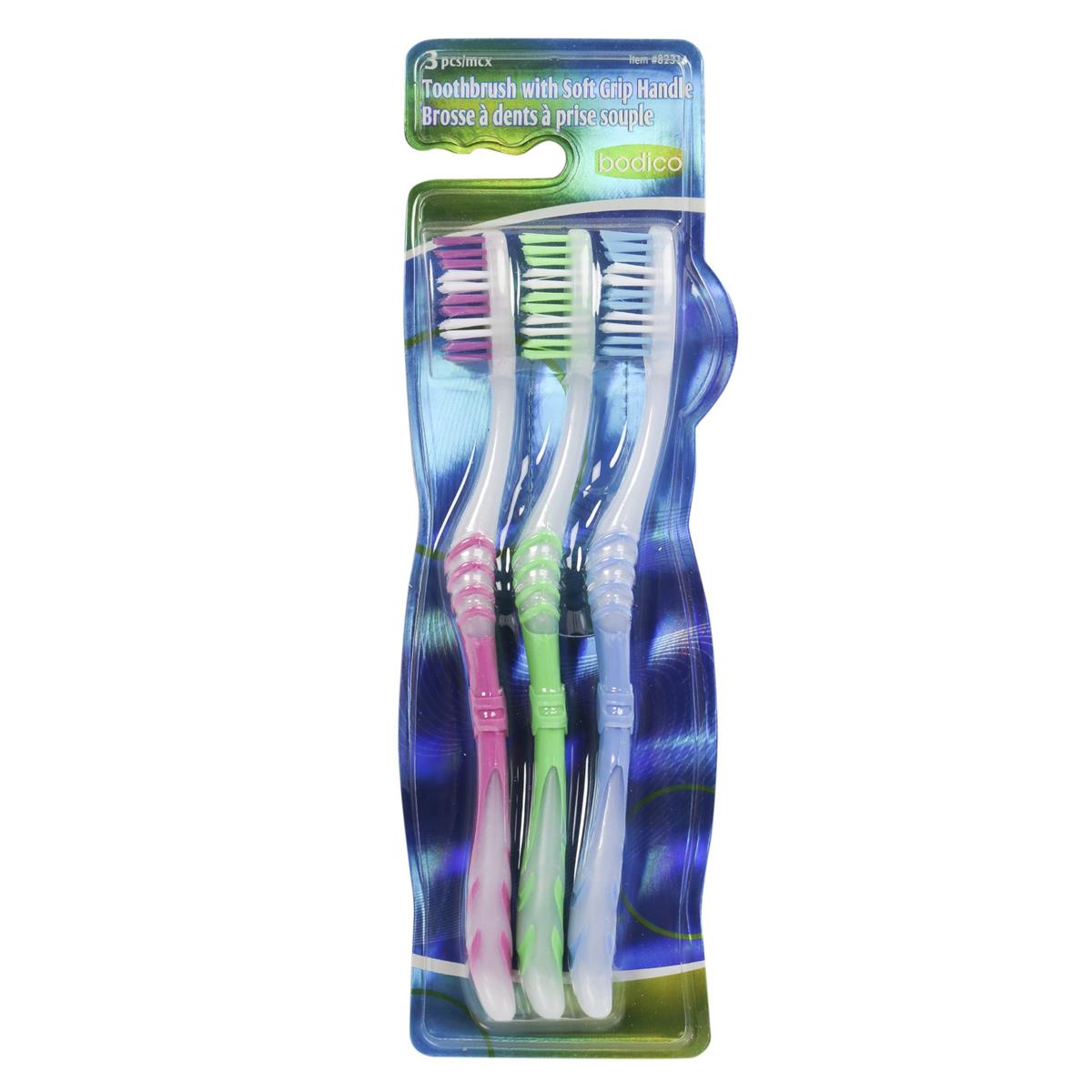 Bodico 3-pc Toothbrush w/Soft Grip Handle, b/c,3col,(HZ)