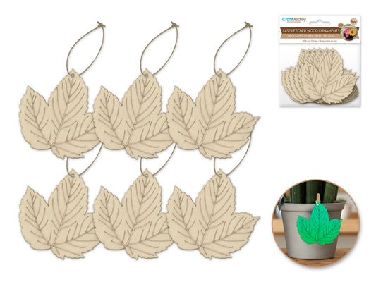 Wood Craft: 3.5" Laser-Etched Wood Shapes 6pc w/Jute F) Holland Ivy Leaf