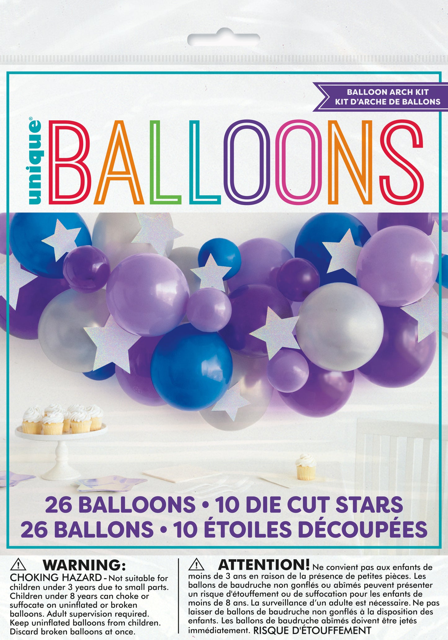 Balloon Arch Kit - Assorted Lavender Purple Royal Blue & Silver with Diecut Stars, 26 Balloons and 10 Die Cut Stars