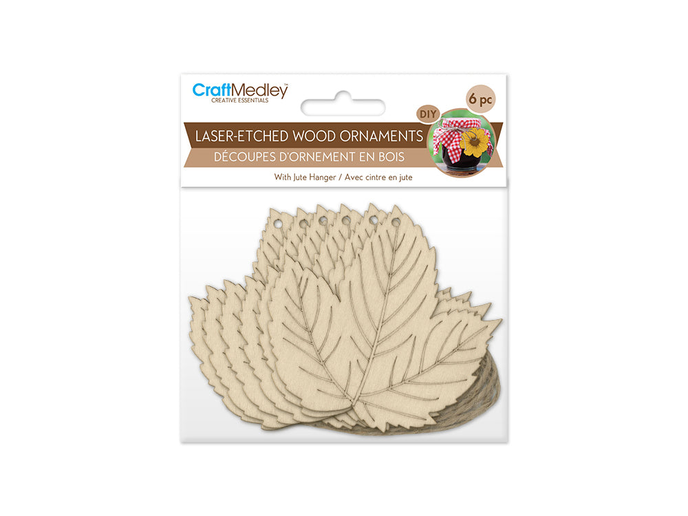 Wood Craft: 3.5" Laser-Etched Wood Shapes 6pc w/Jute F) Holland Ivy Leaf