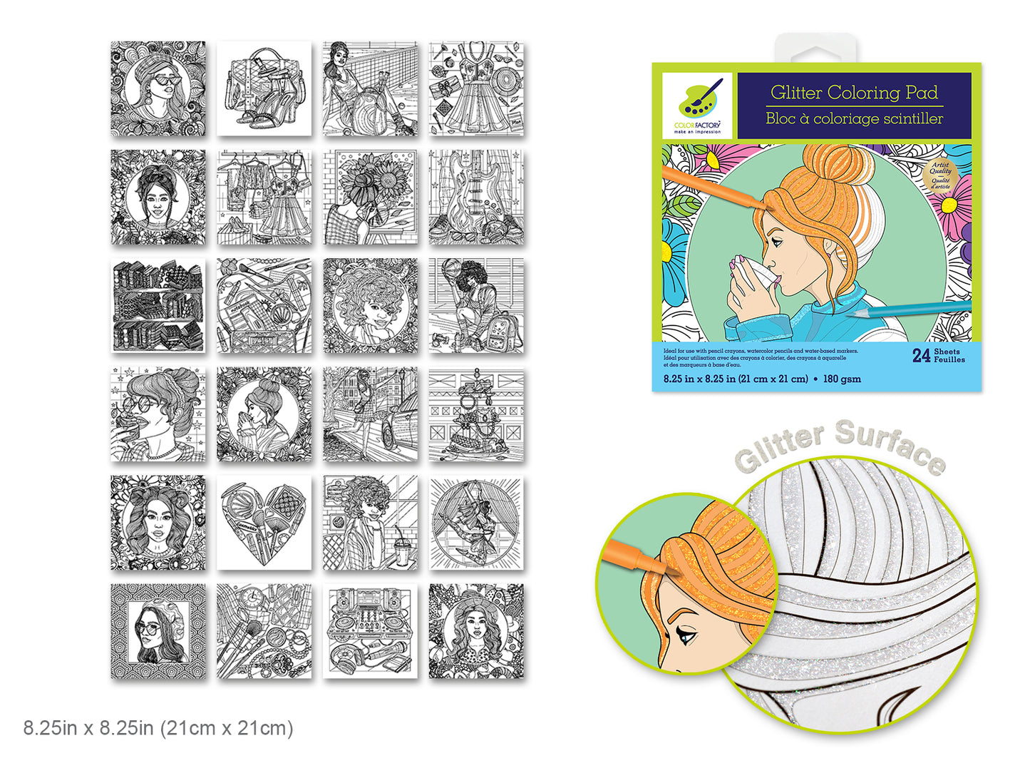 Color Factory: Glitter Coloring Pad 8.25"X8.25" 180Gsm 24Sht K) Glamorous