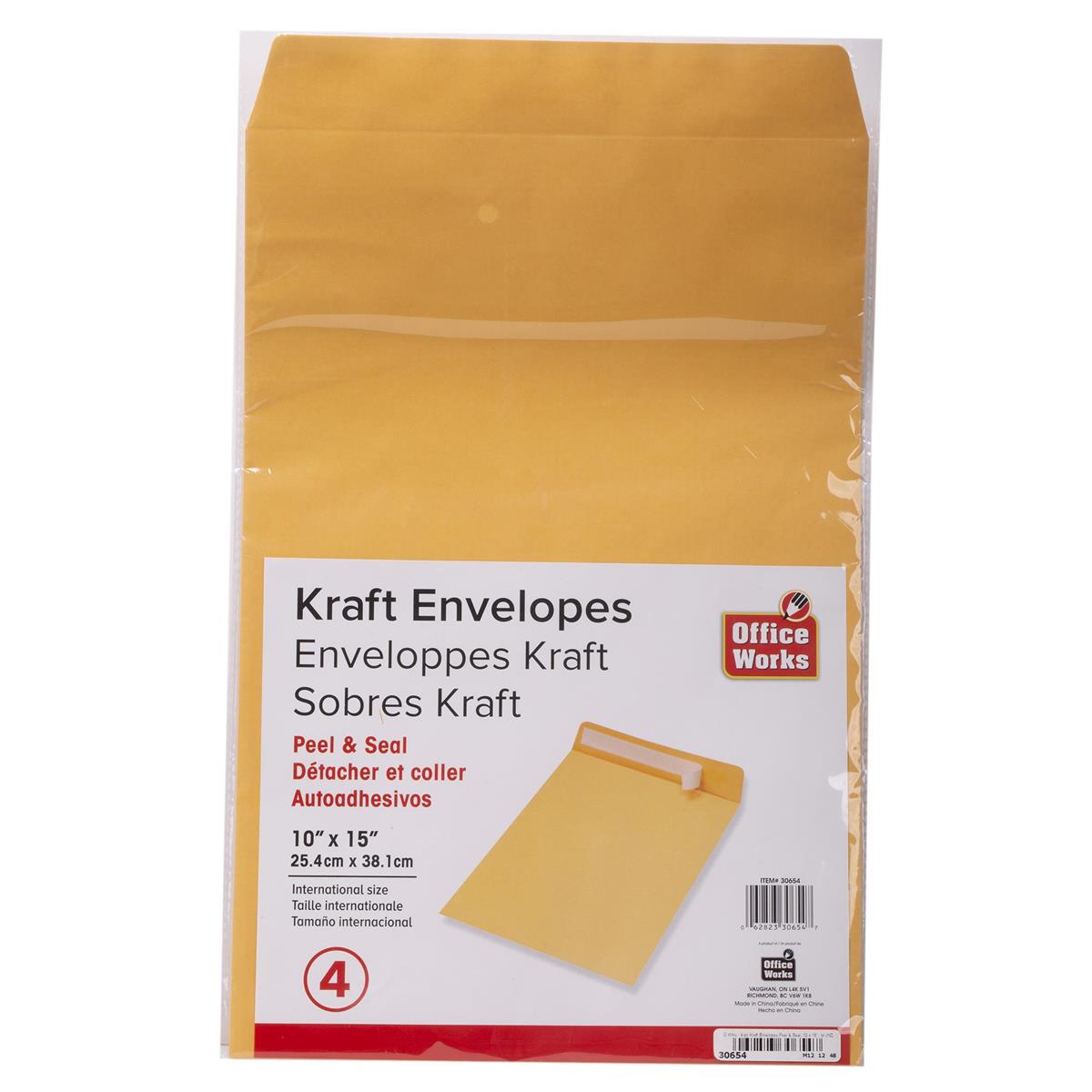 O.WKs.  4-pc Kraft Envelopes, Peel & Seal, 10 x 15", lbl