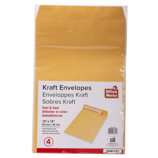O.WKs.  4-pc Kraft Envelopes, Peel & Seal, 10 x 15", lbl