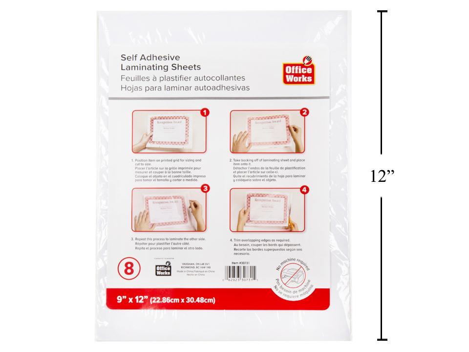 O.WKs. 9x12"Self-adhesive Laminating Sheets, One Pack of 8 pieces