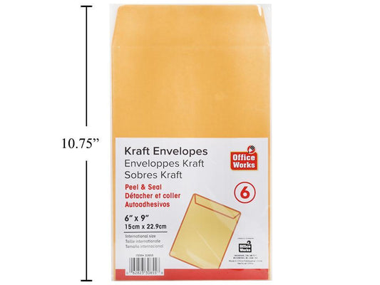 O.WKs. 6-pc 6"x9" Kraft Envelopes Peel & Seal, bag