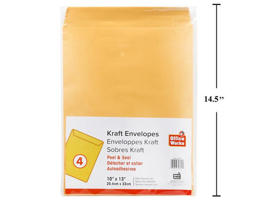 O.WKs. 4-pc 10x13" Kraft Envelopes Peel & Seal, bag