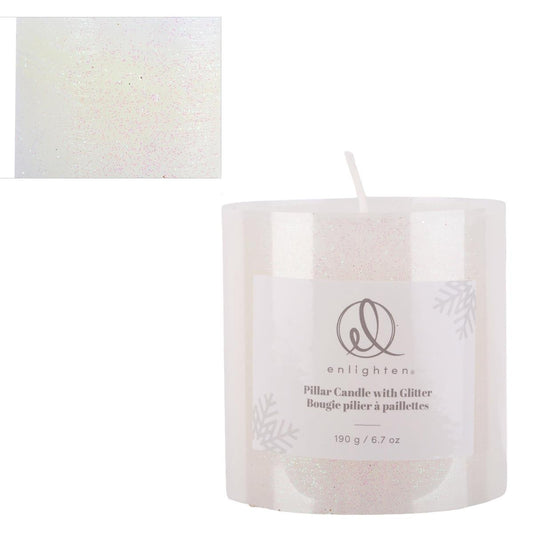 Enlighten 2.95"x2.95" Metallic Wht. Pillar Candle w/Glitter, label