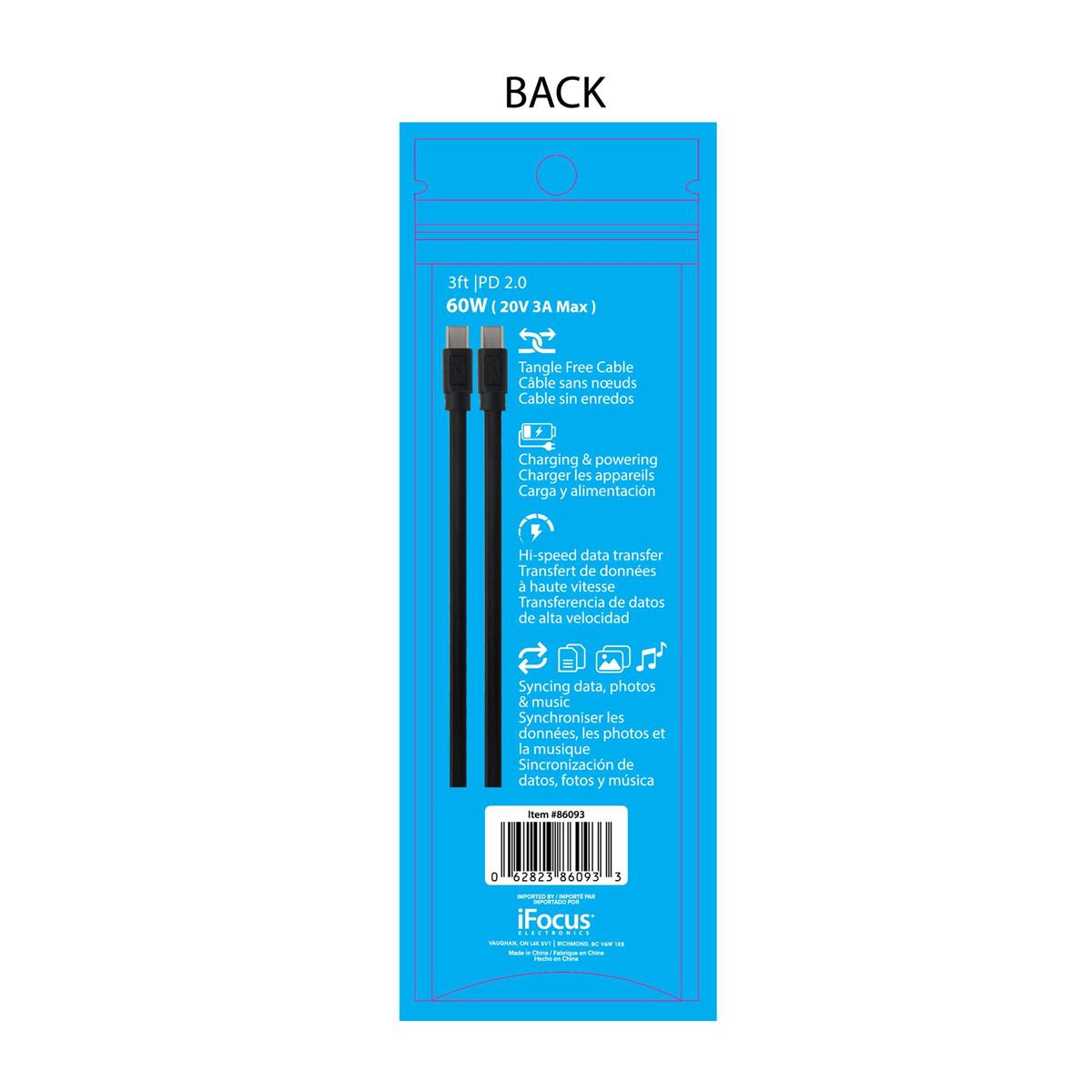 iFocus 3ft 60W USB C-C Flat Cable 3 Colours PD2.0 Tangle-Free Cable