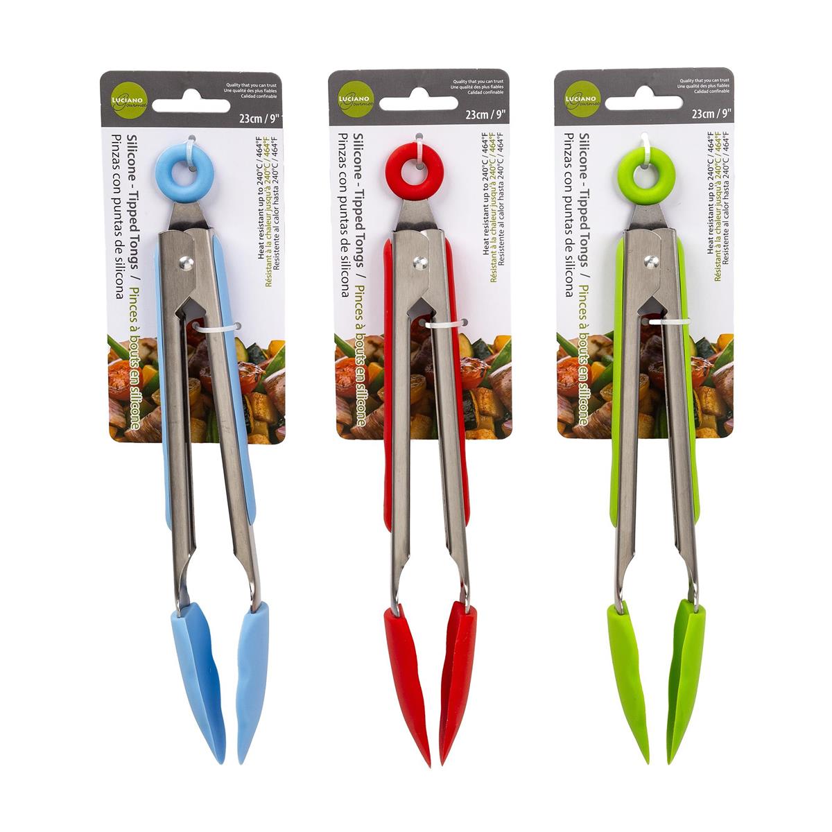 L.Gourmet 9"L Silicone Tongs w/ Pull-lock, 3 col., t.o.c. (CS)