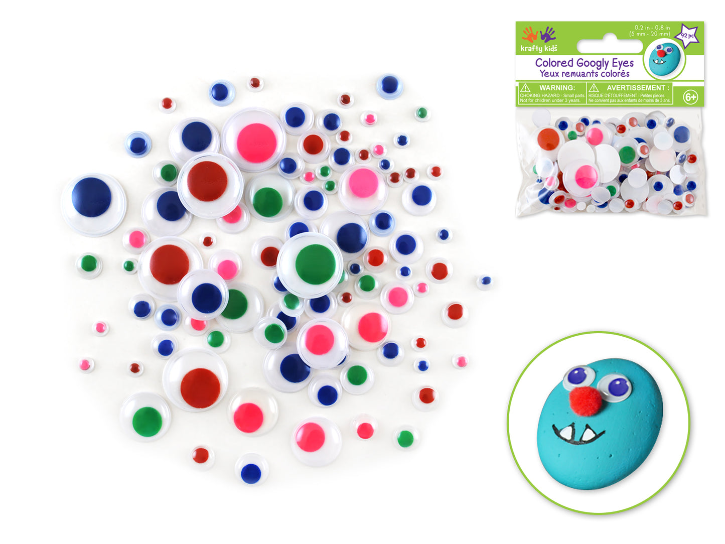 Paste-On Googly Eyes: Round 5mm-20mm Asst Colors 92/pk BLUE/GREEN/RED/PINK/YEL