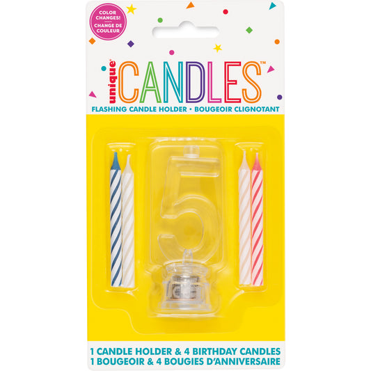 Number 5 Flashing Candle Holder with Birthday Cake Candles for Kids, Women & Men – Birthday Party Decoration Essentials