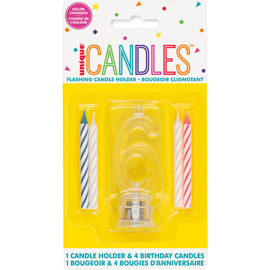 Number 6 Flashing Candle Holder with Birthday Cake Candles for Kids, Women & Men – Birthday Party Decoration Essentials