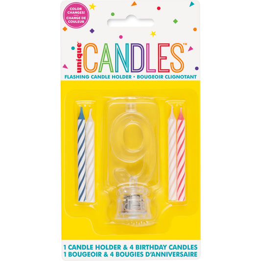 Number 9 Flashing Candle Holder with Birthday Cake Candles for Kids, Women & Men – Birthday Party Decoration Essentials