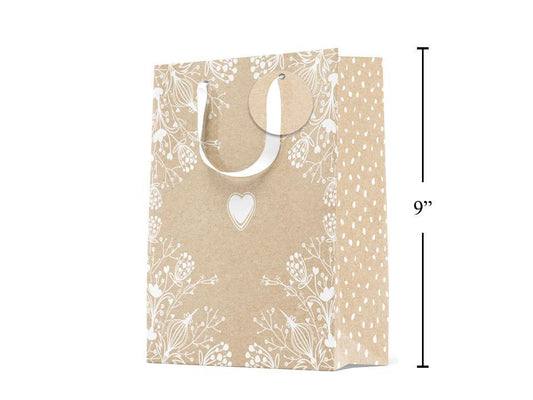 Paper T. Gift Bag, Medium, Lace Heart, Kraft, 180GSM,