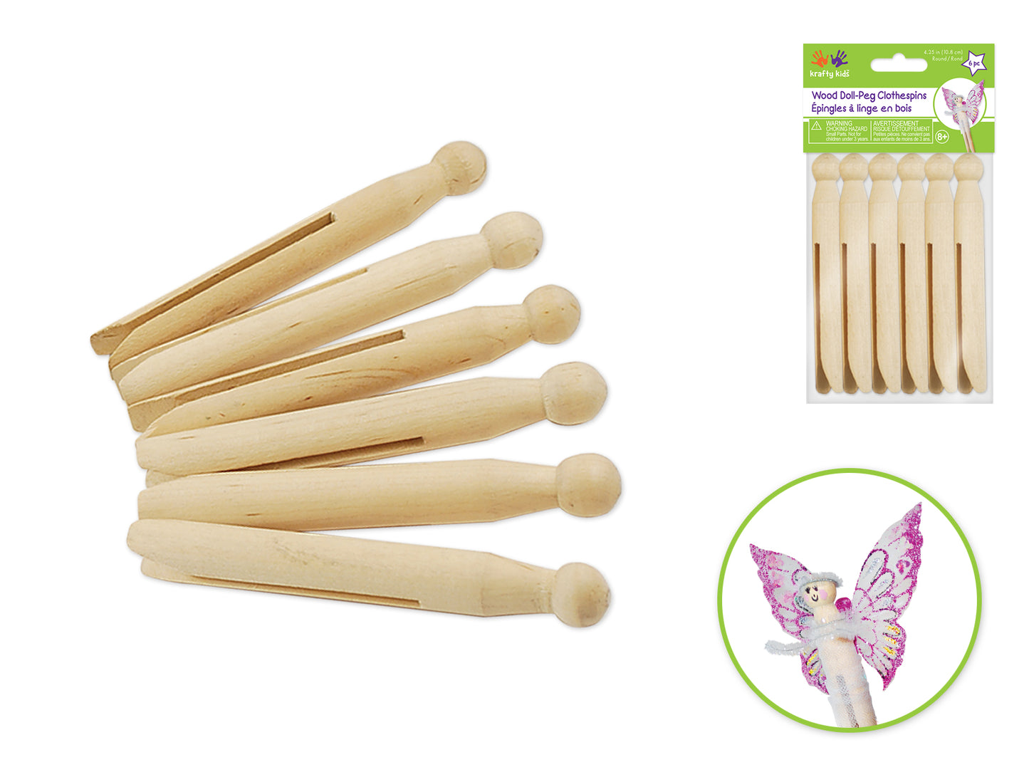 Craftwood: 4.25" Round Doll-Peg Clothespins Natural 6/pk