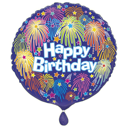 Birthday Fireworks Round Foil Balloon 18"  Packaged